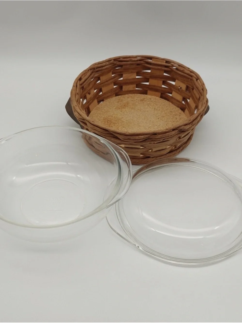 Pyrex Clear Glass Casserole Dish with Woven Brown Rattan Basket